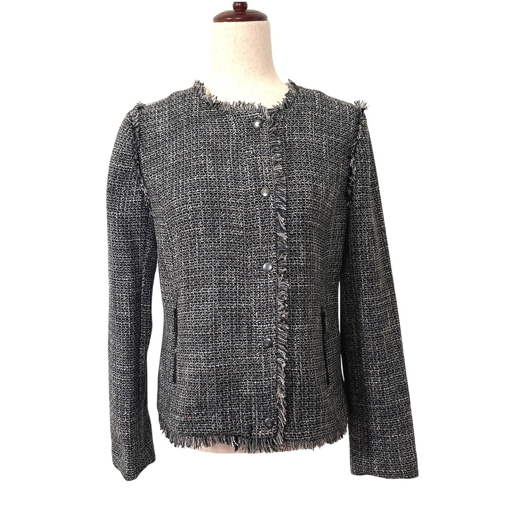Halogen Tweed Jacket‎ Blazer Fringe Trim Gray Black Zip Front Medium